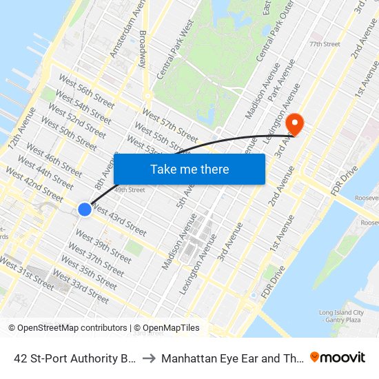 42 St-Port Authority Bus Terminal to Manhattan Eye Ear and Throat Hospital map