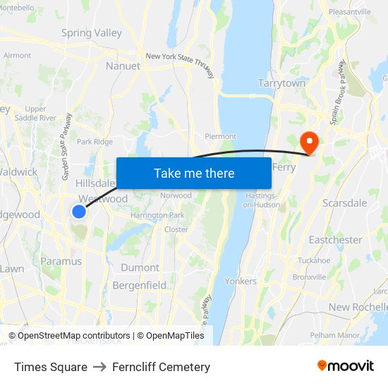 Times Square to Ferncliff Cemetery map