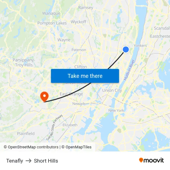 Tenafly to Short Hills map