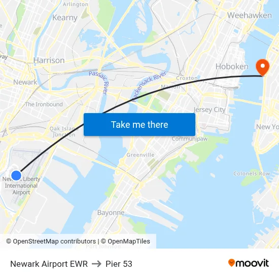 Newark Airport EWR to Pier 53 map