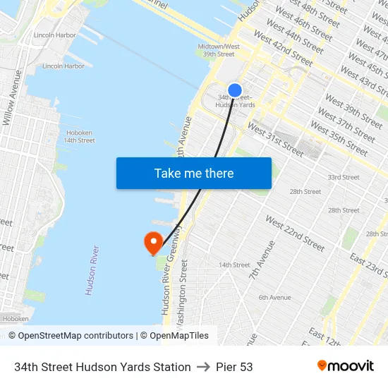 34th Street Hudson Yards Station to Pier 53 map