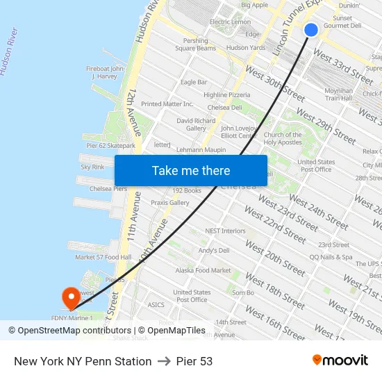 New York NY Penn Station to Pier 53 map