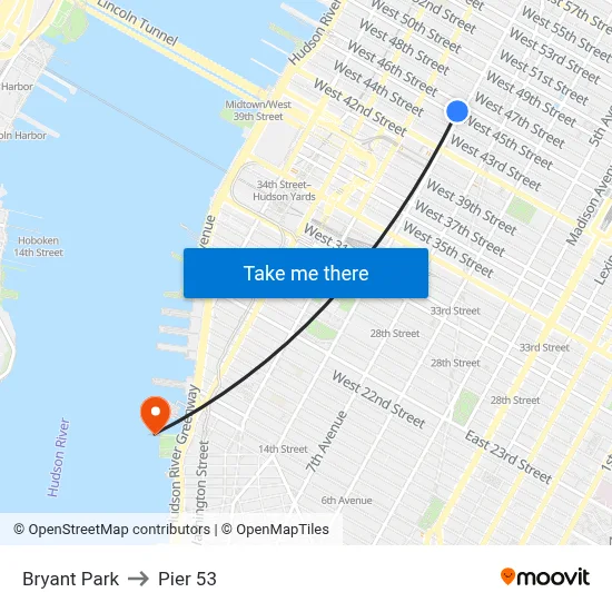 Bryant Park to Pier 53 map