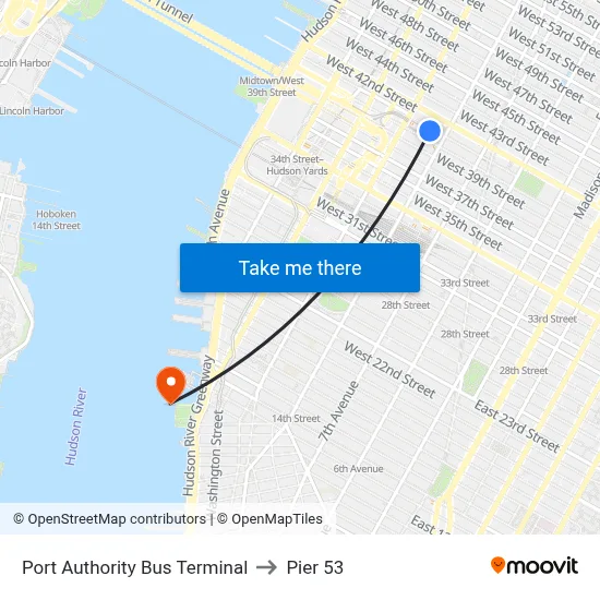 Port Authority Bus Terminal to Pier 53 map