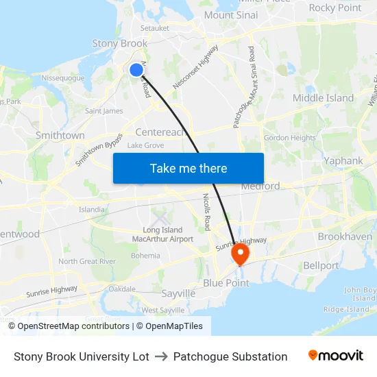 Stony Brook University Lot to Patchogue Substation map