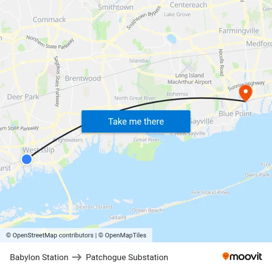 Babylon Station to Patchogue Substation map