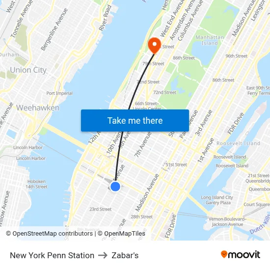 New York Penn Station to Zabar's map