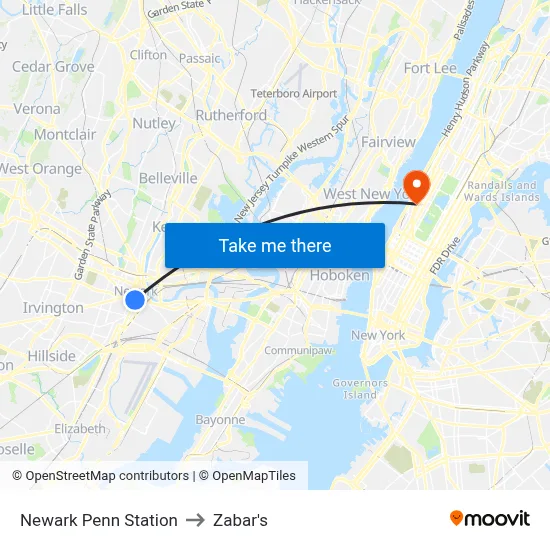 Newark Penn Station to Zabar's map