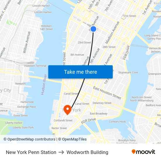 New York Penn Station to Wodworth Building map