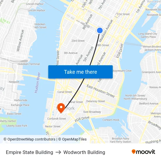 Empire State Building to Wodworth Building map