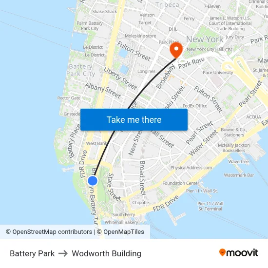 Battery Park to Wodworth Building map