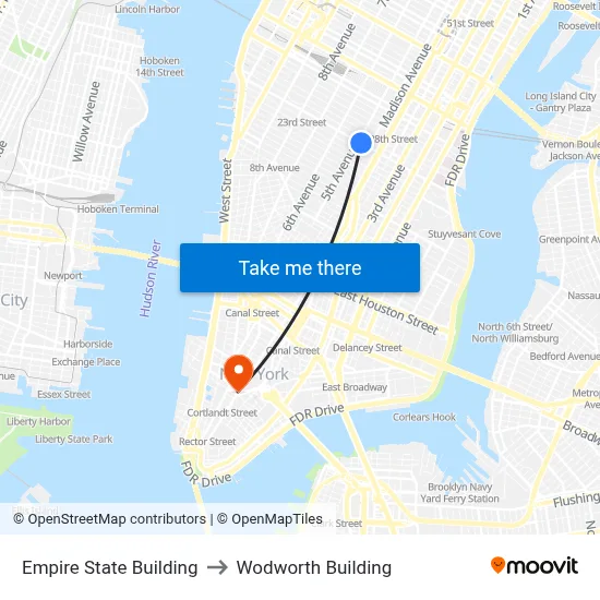Empire State Building to Wodworth Building map