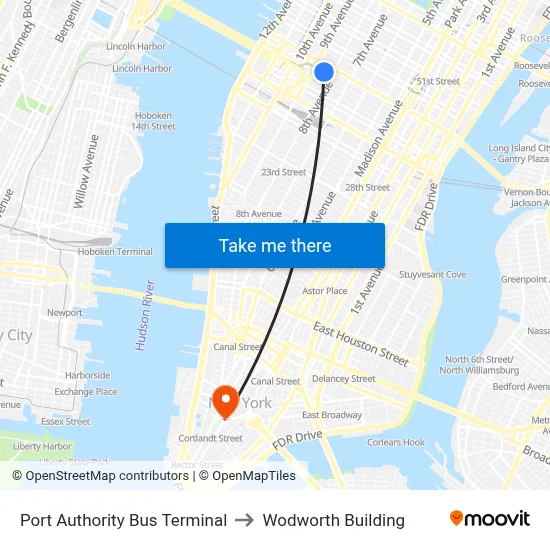 Port Authority Bus Terminal to Wodworth Building map