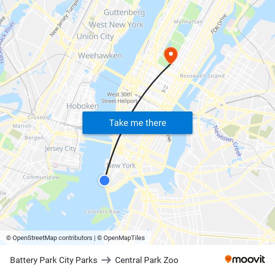 Battery Park City Parks to Central Park Zoo map