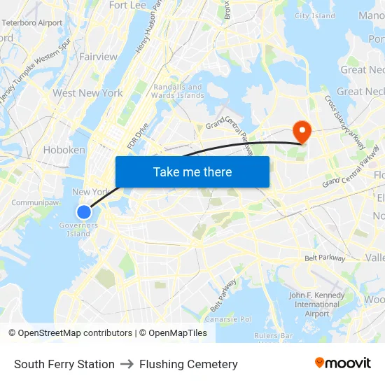 South Ferry Station to Flushing Cemetery map