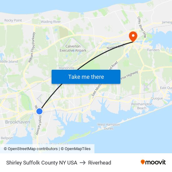 Shirley Suffolk County NY USA to Riverhead map