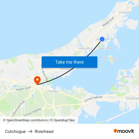 Cutchogue to Riverhead map