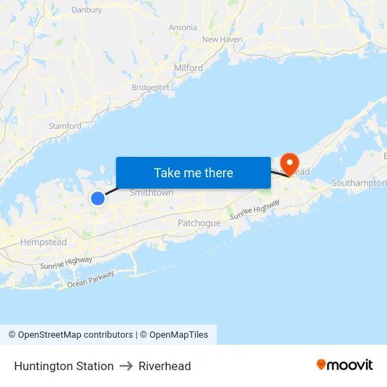 Huntington Station to Riverhead map