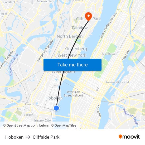 Hoboken to Cliffside Park map