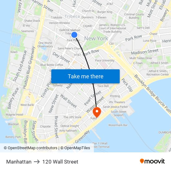 Manhattan to 120 Wall Street map