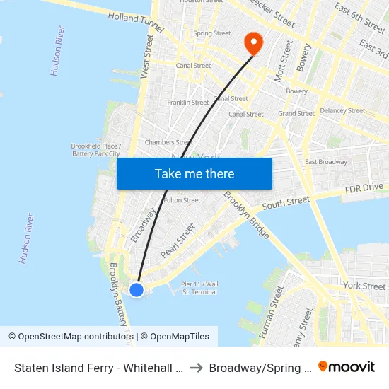 Staten Island Ferry - Whitehall Terminal to Broadway/Spring Street map
