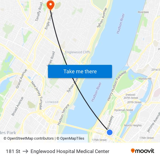 181 St to Englewood Hospital Medical Center map
