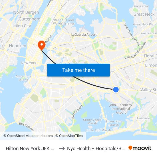 Hilton New York JFK Airport to Nyc Health + Hospitals / Bellevue map