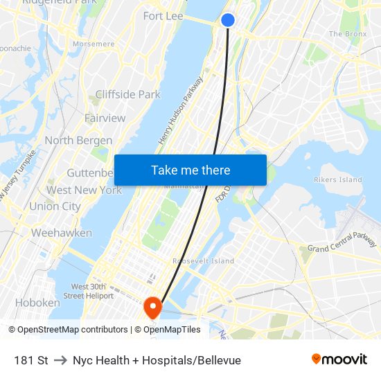 181 St to Nyc Health + Hospitals / Bellevue map