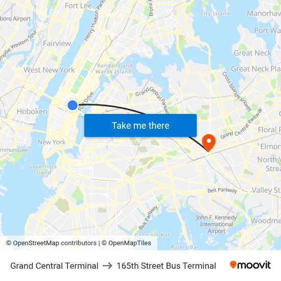 Grand Central Terminal to 165th Street Bus Terminal map