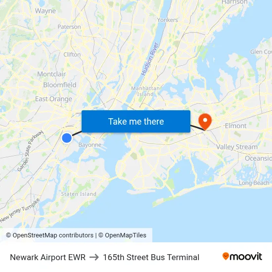 Newark Airport EWR to 165th Street Bus Terminal map