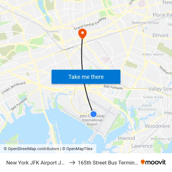 New York JFK Airport JFK to 165th Street Bus Terminal map