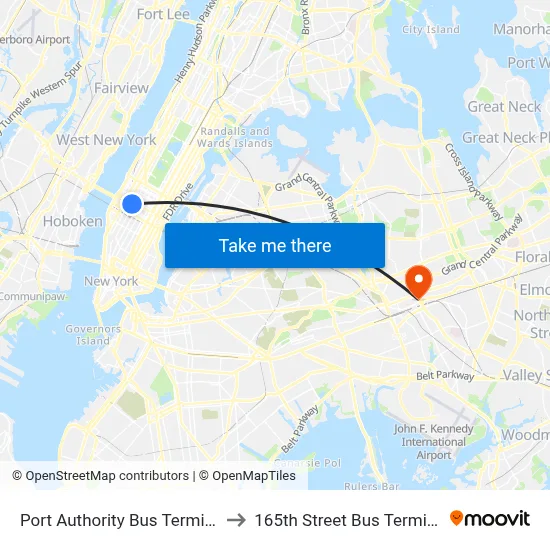 Port Authority Bus Terminal to 165th Street Bus Terminal map