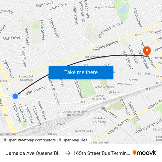 Jamaica Ave Queens Blvd, Jamaica, NY 11435 to 165th Street Bus Terminal map