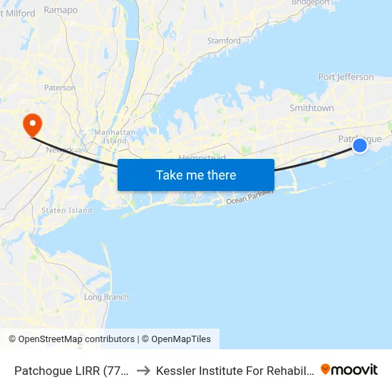 Patchogue LIRR (77, 77y) to Kessler Institute For Rehabilitation map