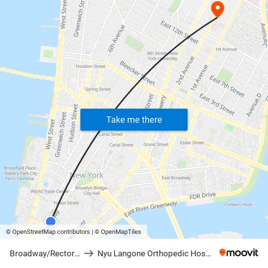 Broadway/Rector St to Nyu Langone Orthopedic Hospital map