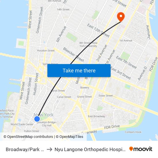 Broadway/Park Pl to Nyu Langone Orthopedic Hospital map