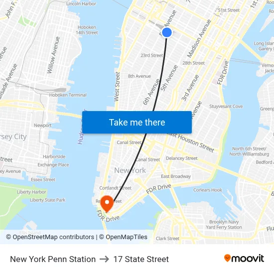 New York Penn Station to 17 State Street map