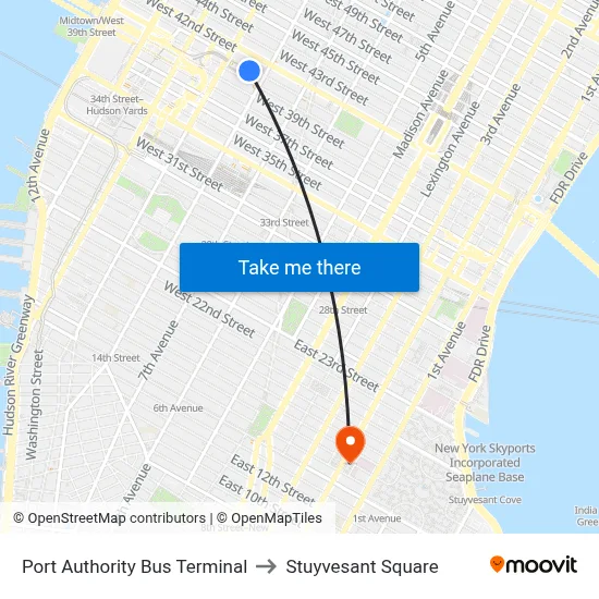 Port Authority Bus Terminal to Stuyvesant Square map