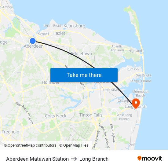 Aberdeen Matawan Station to Long Branch map