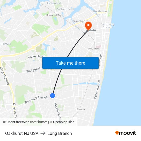 Oakhurst NJ USA to Long Branch map