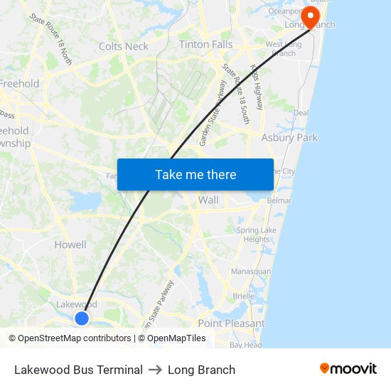 Lakewood Bus Terminal to Long Branch map