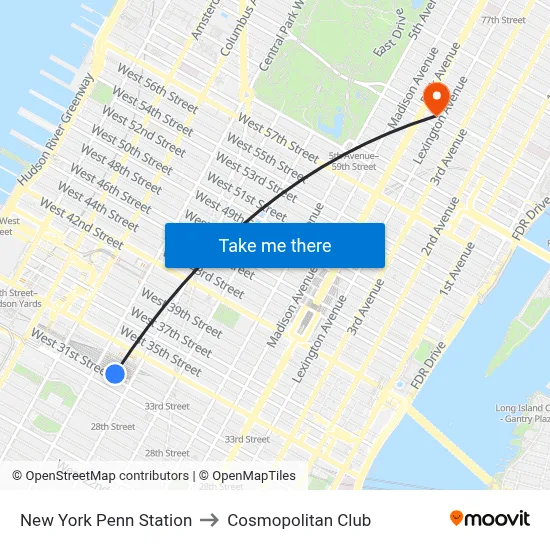 New York Penn Station to Cosmopolitan Club map