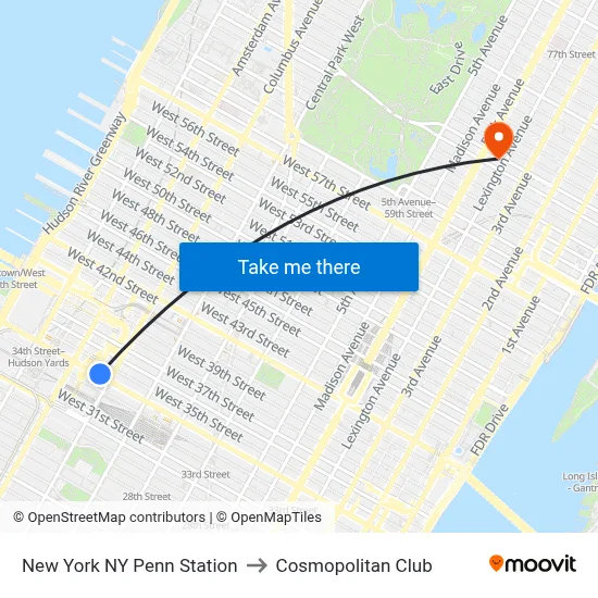 New York NY Penn Station to Cosmopolitan Club map