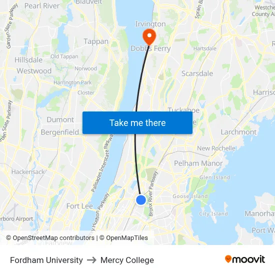 Fordham University to Mercy College map