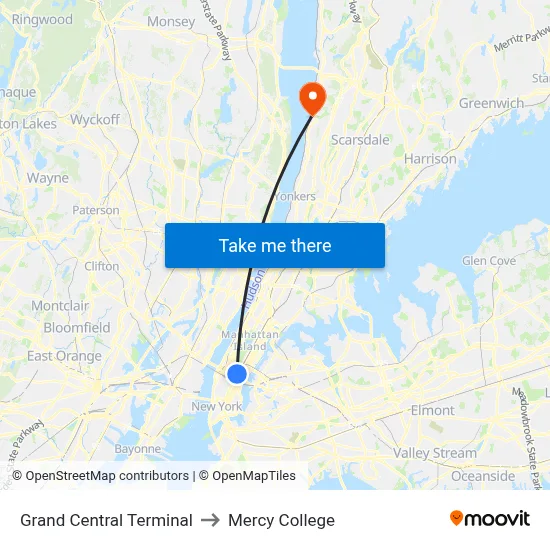 Grand Central Terminal to Mercy College map
