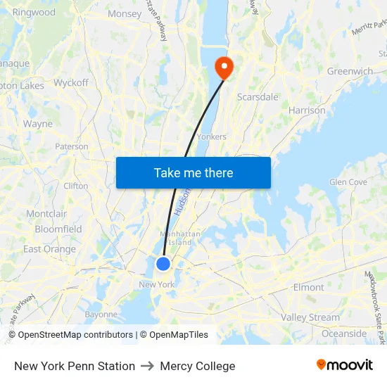 New York Penn Station to Mercy College map