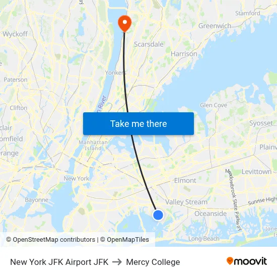 New York JFK Airport JFK to Mercy College map
