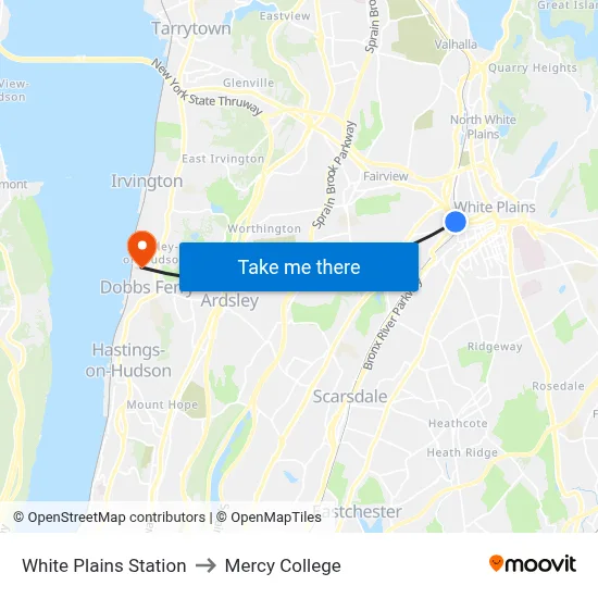 White Plains Station to Mercy College map