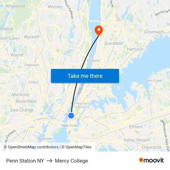 Penn Station NY to Mercy College map