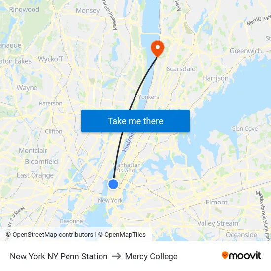 New York NY Penn Station to Mercy College map